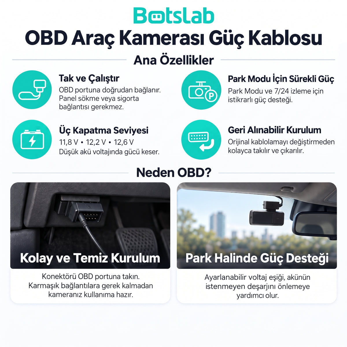 Botslab OBD Akıllı Park Kiti Araç Kamerası Güç Kablosu
