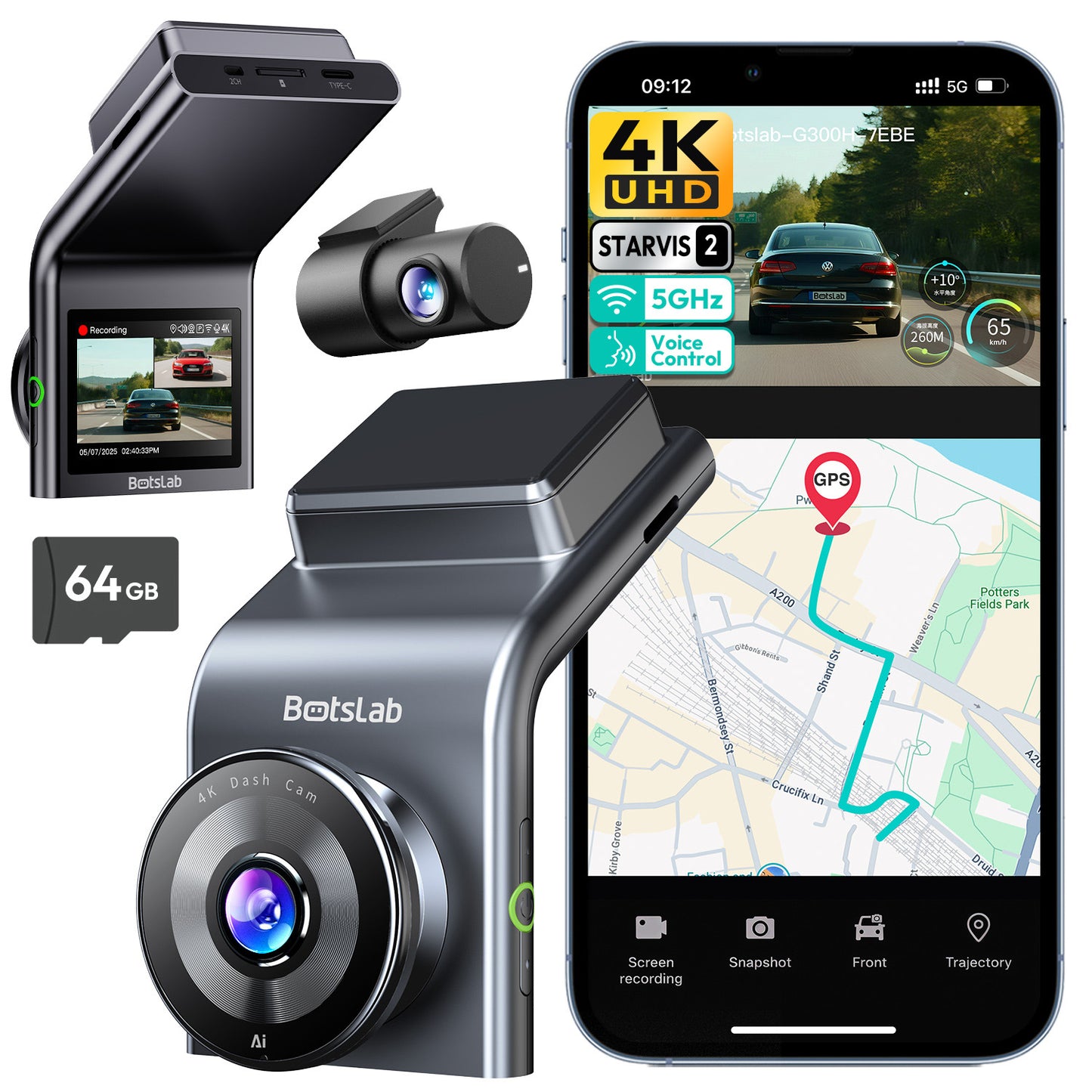 Botslab 360+ G300H Plus 4K Ön ve Arka Araç Kamerası